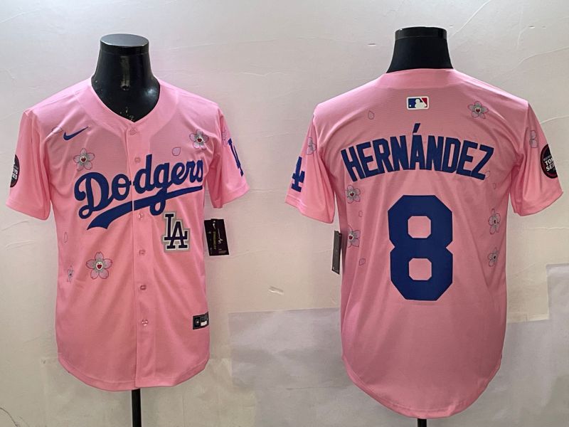 Men Los Angeles Dodgers #8 Hernandez Pink Sakura Edition 2025 Nike MLB Jersey style 11